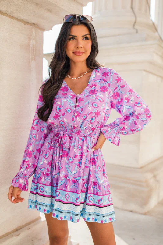 Finding My Place Purple and Blue Wrap Top Border Print Dress