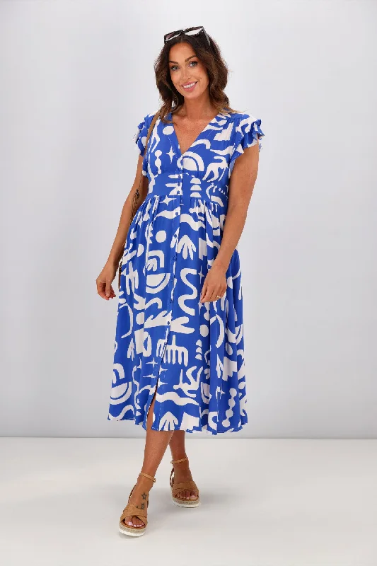 New U Collection Carmen V Neck Dress Blue Print