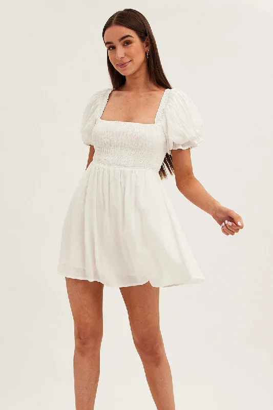 White Skater Dress Square Neck Short Sleeve