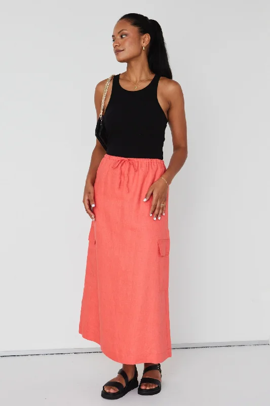 Invincible Coral Linen Elastic Waist Front Pocket Maxi Skirt