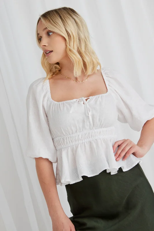 Savour White Linen SS Sqaure Neck Top