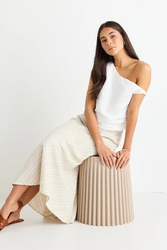 Sleek Natural Stripe Linen Bias Midi Skirt