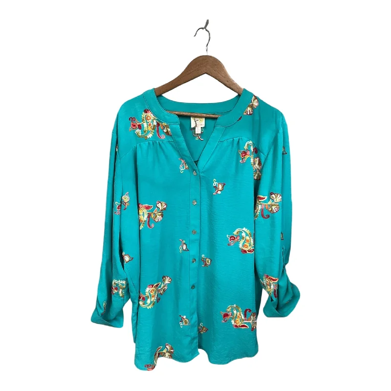 Blouse Long Sleeve By Figuero & Flower In Teal, Size: 3x