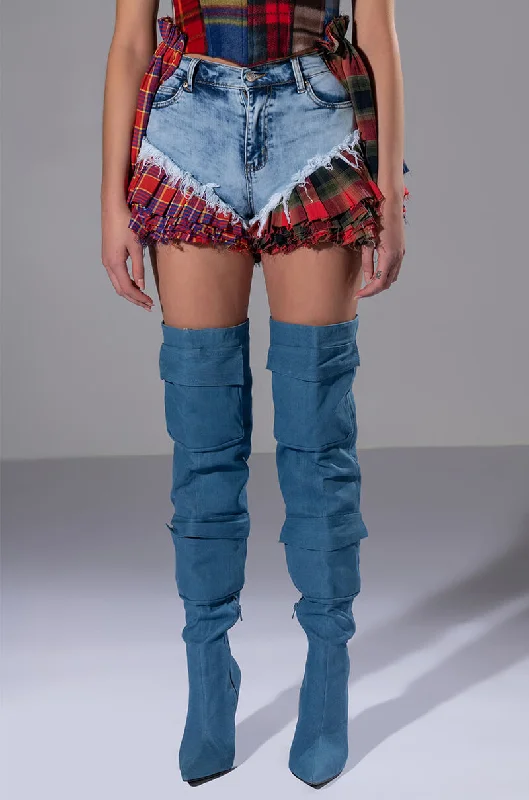 MODERN PUNK PLAID RUFFLE DENIM SHORT