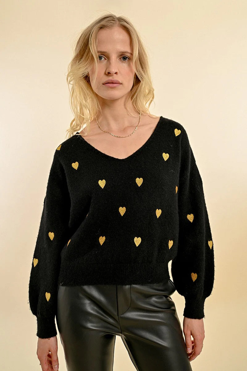 Heart Pattern Sweater - Black