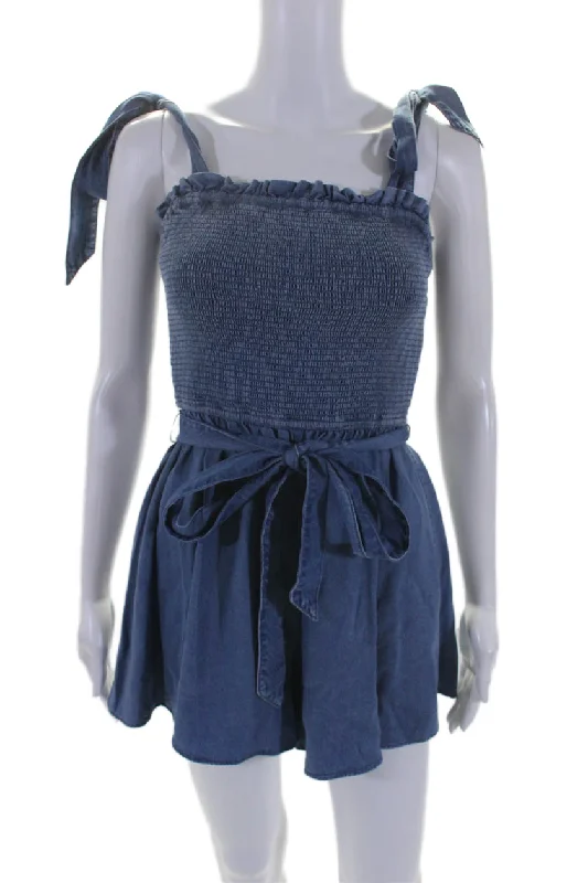 Alice + Olivia Jeans Womens Ruched Square Neck Sleeveless Romper Blue