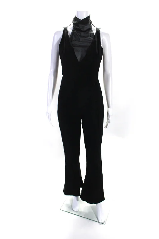 Cushnie Womens Back Zip Sheer Trim Sleeveless Flare Leg Jumpsuit Black