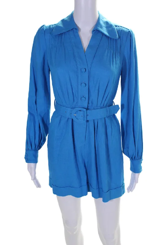 Diane Von Furstenberg Womens Danielle Long Sleeve V Neck Romper Blue