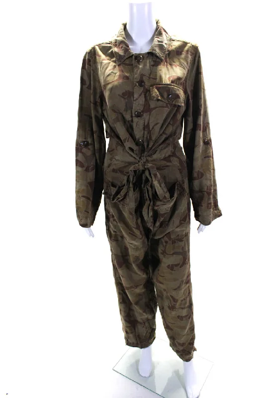 Le Superbe Womens Camouflage Print Belted Buttoned Jumpsuit Green