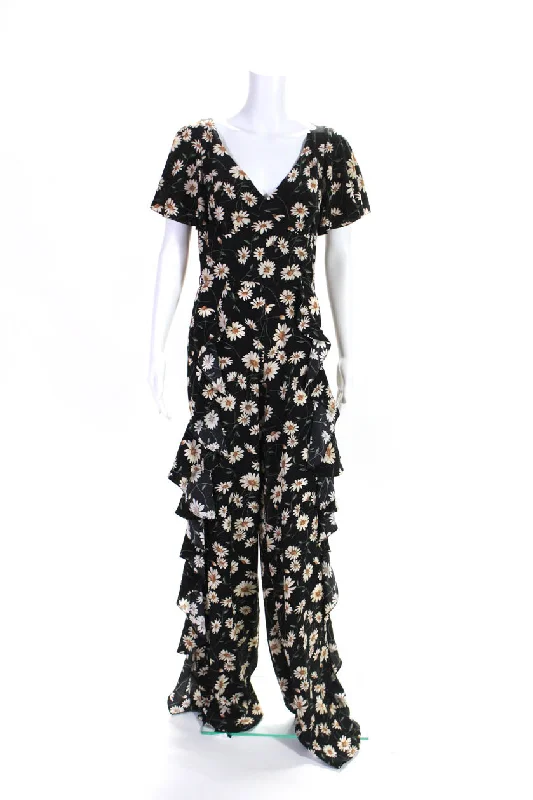 Michael Kors Collection Womens Silk Floral Print Ruffled Jumpsuit Black