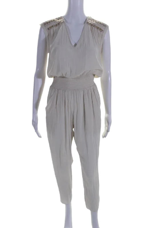 Ramy Brook Womens Bristol Rivet Lace Trim V Neck Jumpsuit Jute