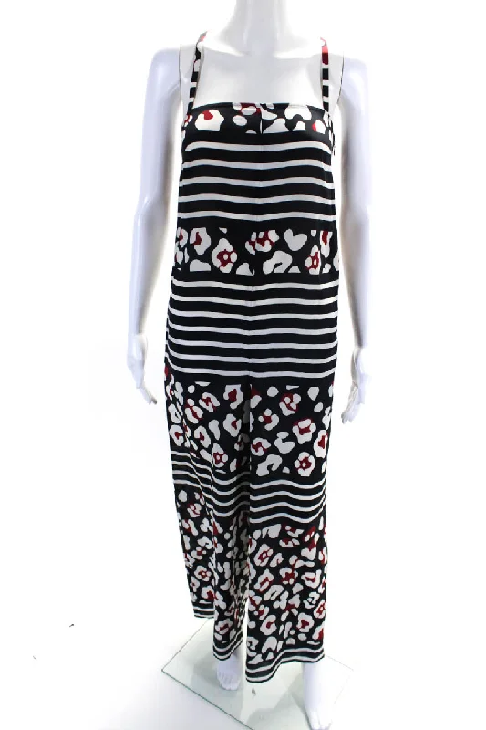 RED Valentino Womens Silk Chiffon Striped Print Wide Leg Jumpsuit Black