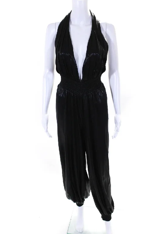 Retrofete Womens Metallic Stretch Waist V-Neck Halter Jumpsuit Black