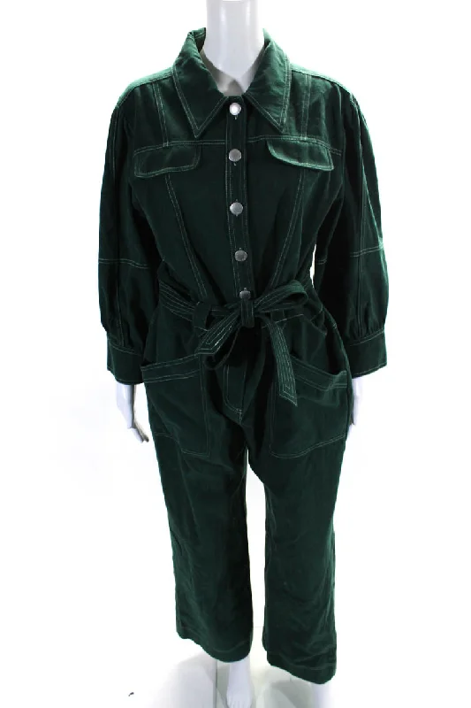 Suncoo Womens Cotton Collared Long Sleeve Belted Buttoned Jumpsuit Green