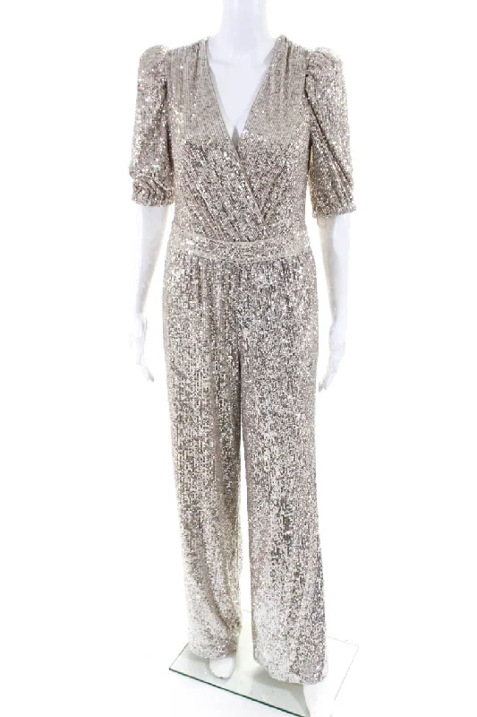 Trina Turk Womens Asandra Sequin Short Sleeve Jumpsuit Champagne