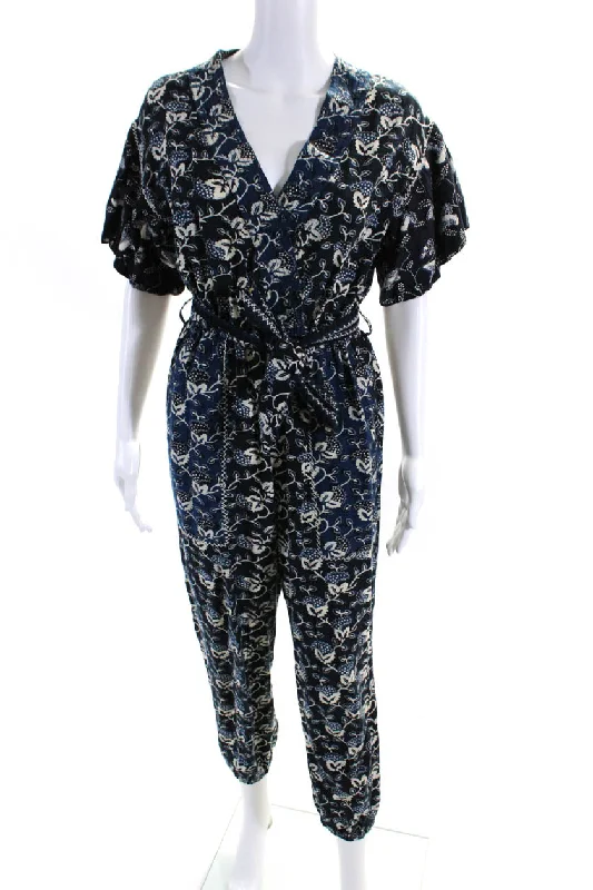 Ulla Johnson Women's Short Sleeve Floral V Neck Belted Jumpsuit Blue