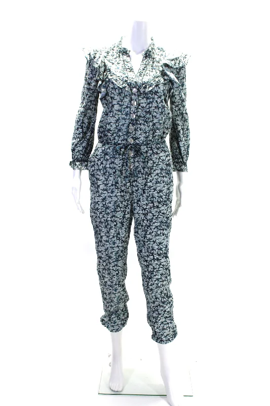 Veronica Beard Womens Abstract Print Button Down Jumpsuit White Blue