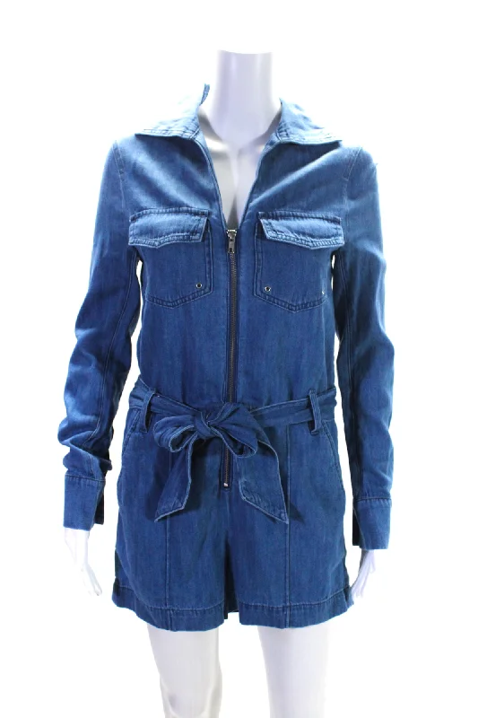 Veronica Beard Womens Full Zipper Belted Keenan Romper Blue