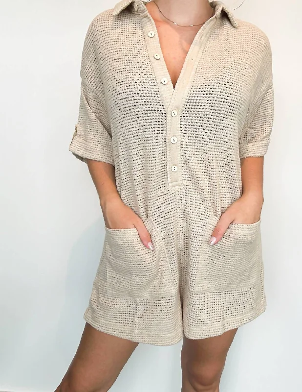 Waffle Button Down Romper In Beige