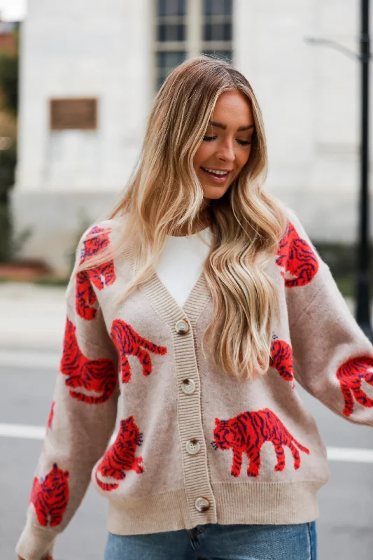 Wildly Styled Oatmeal Tiger Oversized Sweater Cardigan