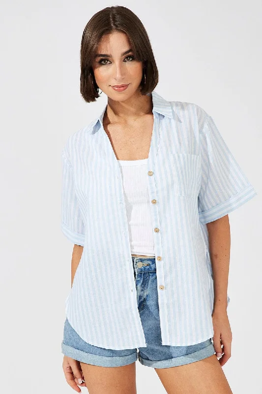 Blue Stripe Shirt Short Sleeve Collared Neck