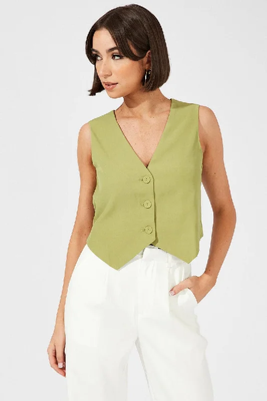 Green Top Waistcost Sleeveless V Neck Button Up Relaxed