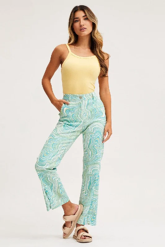 Print Wide Leg Pants High Rise