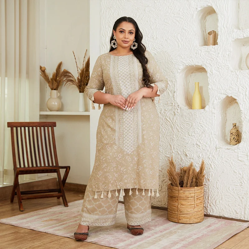 Beige Kurta Palazzo Co-ord Set with Tassel Details - SOM