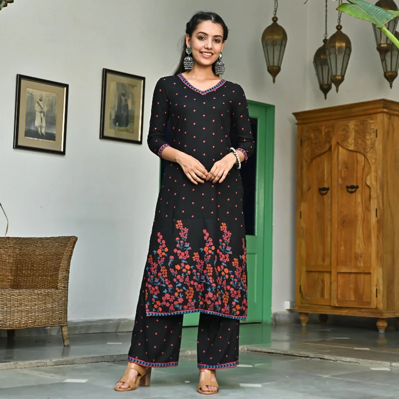 Black V Neck Polka Kurta Pant Co-ord Set