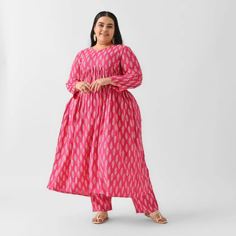 Pink Front Gathered Leaf Print Kurta Pant Set - SOM