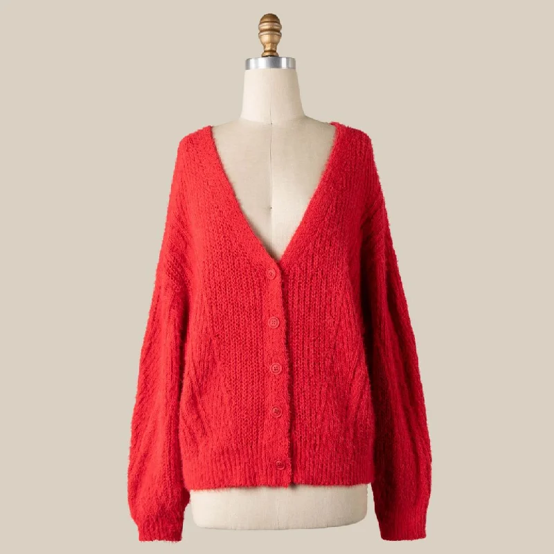 Button Down Fuzzy Cable Knit Cardigan (Red)